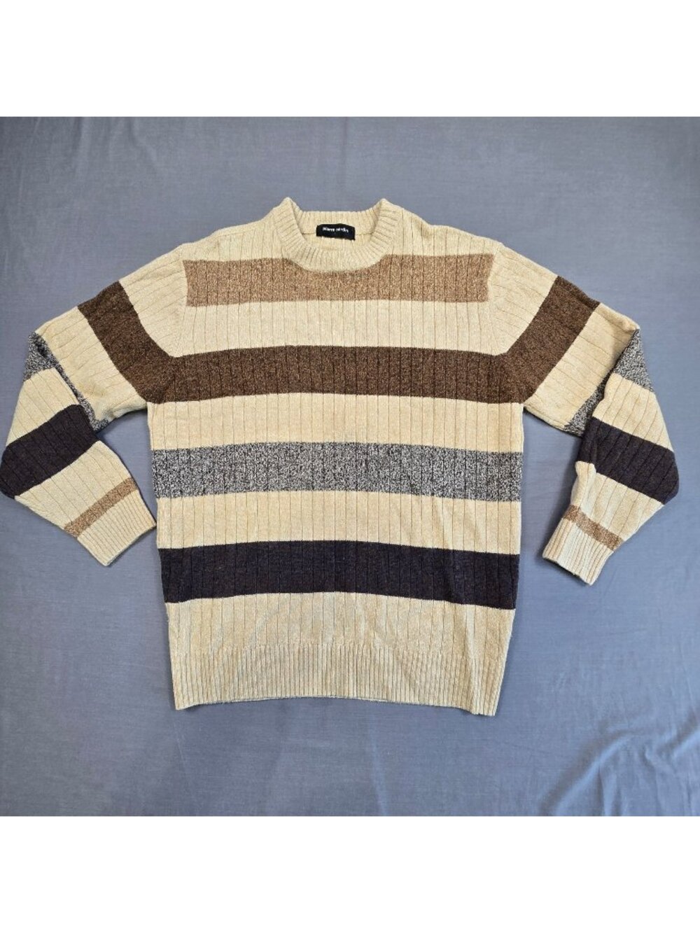 VTG Pierre Cardin L Mens Sweater Beige Brown 100% Lambs Wool Striped Ribbed Knit